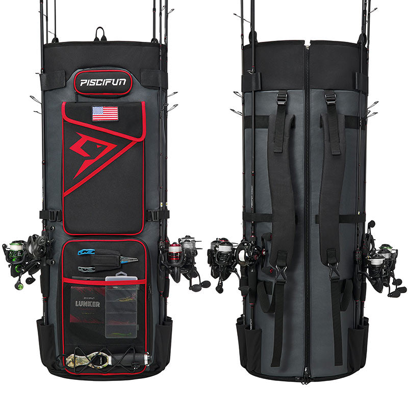 A fishing bag with 8 rods & reels, tackle boxes, and fishing equipment. Water-resistant, durable, and versatile design. Perfect for anglers.