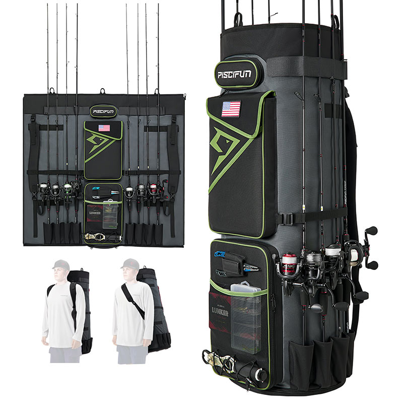 Fishing Pole Backpack, Rod Case Bag Holds, Black & Green