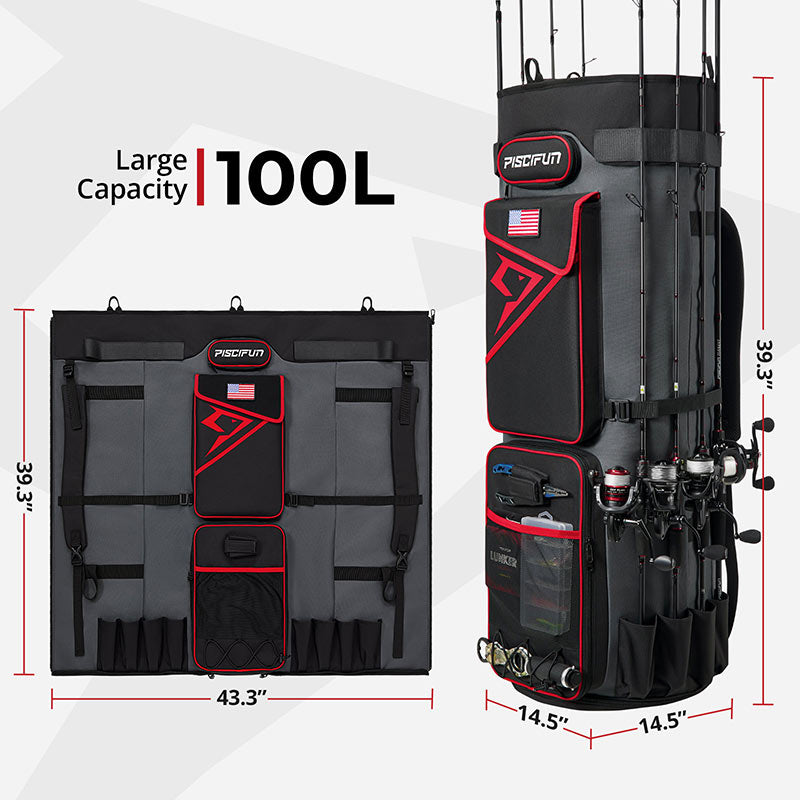 Piscifun Fishing Rod Case Bag with Large Storage for 8 Rods & Reels, tackle boxes, clothing, and accessories. Convenient and durable design for fishing enthusiasts.