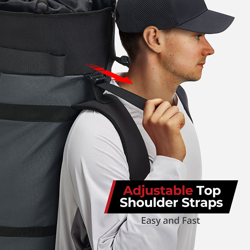 A man wearing a hat and holding a backpack, standing next to a Piscifun Fishing Rod Case Bag that holds 8 rods & reels, with spacious capacity and premium quality. Perfect for any fishing trip.