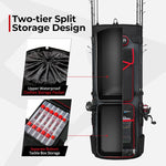 A black bag with red trim, holding fishing rods and reels, tackle boxes, and fishing equipment. Spacious and water-resistant, perfect for any fishing trip.