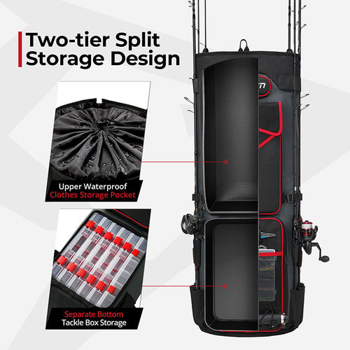 A black bag with red trim, holding fishing rods and reels, tackle boxes, and fishing equipment. Spacious and water-resistant, perfect for any fishing trip.