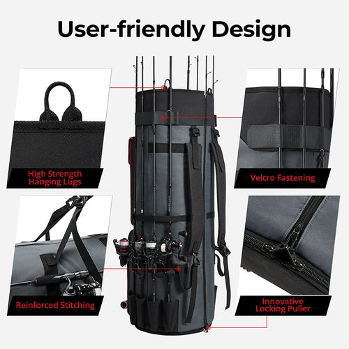 Piscifun Fishing Rod Case Bag with Multiple Straps, Holds 8 Rods & Reels, 100L Large Storage, Zipper, Flap Pocket, and More