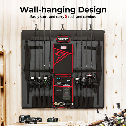 Piscifun Fishing Rod Case Bag with 8 Rods & Reels, 100L Large Storage, for convenient and secure fishing gear organization and easy access. Water-resistant, durable design with separate compartments for clothing and equipment. Perfect for anglers on any fishing adventure.