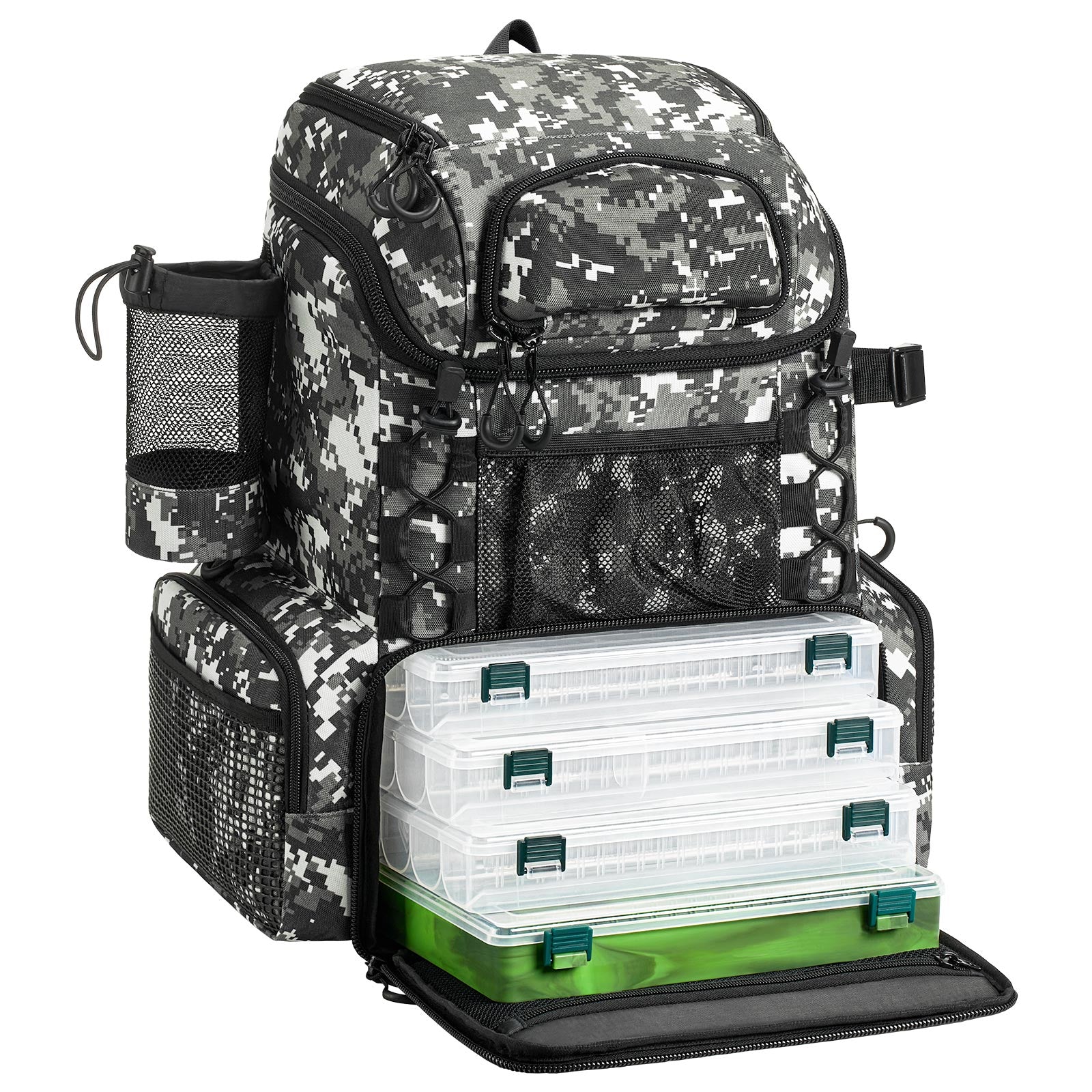 Fishing Tackle Backpack With 4 Boxes, Digital Camouflage